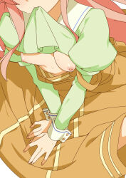 Rule 34 | 1girl, breasts, closed mouth, clothes lift, dress, green shirt, highres, jinrui wa suitai shimashita, lifting own clothes, long hair, long sleeves, morisobo, mouth hold, nipples, orange dress, pinafore dress, pink hair, shirt, shirt hold, shirt lift, sleeveless, sleeveless dress, solo, sweat, watashi (jintai), white wrist cuffs, wrist cuffs