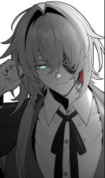 Rule 34 | 1boy, anaxa (honkai: star rail), aqua eyes, artist name, buttons, chain, closed mouth, doggie117, eyepatch, hand up, highres, honkai: star rail, honkai (series), jacket, jewelry, looking at viewer, male focus, medium hair, multiple rings, one eye covered, partially colored, pink pupils, ring, shirt, simple background, solo, white background, white shirt