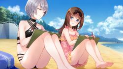 2girls :d ^_^ beach bikini black_bikini black_choker blue_bag blue_eyes blush brown_hair choker closed_eyes closed_mouth cloud cumulonimbus_cloud embarrassed feet_out_of_frame frilled_one-piece_swimsuit frills full_body game_cg grey_hair hair_between_eyes hairband holding holding_pencil holding_sketchbook light_frown light_particles long_hair looking_at_another marie_mahler mountainous_horizon multi-strapped_bikini_bottom multi-strapped_bikini_top multicolored_hairband multiple_girls non-web_source official_art on_ground one-piece_swimsuit open_mouth otori_ai outdoors parted_lips pencil pink_one-piece_swimsuit raised_inner_eyebrows short_hair sitting sketchbook smile soles split_mouth swimsuit toes v-shaped_eyebrows yumeutsutsu_re:master