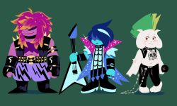 1boy 1girl 1other androgynous animal_ears ankle_boots aqua_hair aqua_shirt aqua_skin aqua_sleeves armband baggy_pants bare_arms bare_shoulders belt belt_buckle black_armband black_boots black_choker black_gloves black_jacket black_pants blue_coat blue_hair blush boots buckle chain choker clenched_hand clenched_hands closed_mouth coat collared_coat colored_skin commentary concept_art cropped_jacket deltarune dinosaur_girl elbow_gloves electric_guitar english_commentary expressionless fang fingerless_gloves furry furry_male gigi_d.g. gloves goat_boy goat_ears goat_horns green_background green_hair guitar hair_over_eyes high_collar highres holding holding_guitar holding_instrument holding_microphone horns instrument jacket kris_(dark_world)_(deltarune) kris_(deltarune) kris_(lightners_live)_(deltarune) lapels leather leather_gloves leather_jacket leather_pants legs_apart lightning_bolt_print lightning_bolt_symbol long_hair long_sidelocks messy_hair microphone midriff mohawk monster_boy monster_girl multicolored_hair mystical_high_collar navel no_eyewear no_lineart no_shirt notched_lapels official_alternate_costume official_art open_hand orange_pants pants parted_bangs print_pants purple_hair purple_pants purple_shirt ralsei ralsei_(lightners_live) second-party_source shaded_face shadow shirt short_sleeves side-by-side sidelocks silver_chain simple_background skin_fang skull_belt skull_choker sleeveless sleeveless_jacket smirk sparkle sparkling_clothes standing streaked_hair studded_belt studded_choker studded_jacket susie_(dark_world)_(deltarune) susie_(deltarune) susie_(lightners_live)_(deltarune) torn_clothes torn_shirt torn_sleeves two-sided_coat two-sided_fabric two-tone_hair white_fur