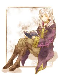 1girl book boots brown_boots brown_pants closed_mouth coat female_robin_(fire_emblem) fire_emblem fire_emblem_awakening full_body highres holding holding_book knee_boots long_hair long_sleeves looking_at_viewer low_twintails moverabbit0305 nintendo pants parted_bangs purple_coat sitting sleeves_past_wrists smile solo twintails white_background white_hair yellow_eyes