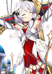 1girl armpits arms_up bdsm blurry bondage bound building chain choker closed_eyes criss-cross_halter cross crucifixion depth_of_field detached_sleeves dress dutch_angle female_focus grey_hair hair_between_eyes hair_ornament hair_over_shoulder halterneck highres honkai_(series) honkai_impact_3rd latin_cross medium_hair outdoors outstretched_arms parted_lips ponytail purple_choker red_dress red_thighhighs see-through_clothes sheita short_dress sleeping sleeveless sleeveless_dress solo theresa_apocalypse thighhighs veil white_background white_dress white_thighhighs