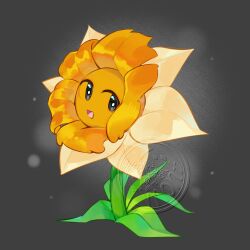 Rule 34 | :d, black eyes, bright pupils, commentary, commission, draftodil (plants vs. zombies), english commentary, flower, flower focus, grey background, highres, leaf, looking at viewer, no eyebrows, no humans, no nose, open mouth, orange flower, plants vs. zombies, plants vs. zombies 2, reoghostreo, sideways glance, simple background, smile, solo, tongue, watermark, white pupils