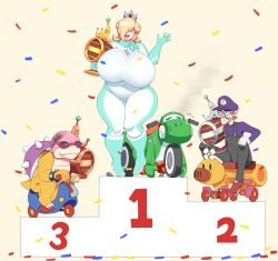 1girl 2boys blonde_hair blue_footwear blue_gloves bodysuit boots breasts bursting_belly closed_eyes confetti dotil facial_hair fat fat_woman full_body gigantic_breasts gloves hair_over_one_eye happy hat heavy highres long_hair long_sleeves mario_(series) mario_kart mario_kart_8 motor_vehicle motorcycle multiple_boys mustache nintendo open_mouth overalls plump podium rosalina roy_koopa sitting smile spiked_shell standing sunglasses teeth thick_thighs thighs tongue trophy upper_teeth_only waluigi white_bodysuit white_gloves wiggler yoshi