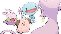 antennae blush cleffa closed_eyes espeon gen_2_pokemon gen_6_pokemon goomy happy highres holding jewelry mouth_hold nintendo no_humans numera_goomy open_mouth pokemon pokemon_(creature) simple_background sparkle star_(symbol) white_background wooper