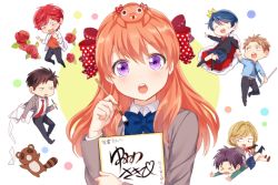 &gt;_&lt; 10s 3girls 4boys :o ^_^ bad_id bad_pixiv_id black_hair blonde_hair blue_hair bow brown_eyes brown_hair calligraphy_brush cape chibi closed_eyes crown flower gekkan_shoujo_nozaki-kun gen_1_pokemon hair_bow hori_masayuki kashima_yuu mery_(yangmalgage) mikoshiba_mikoto miniskirt multiple_boys multiple_girls necktie nintendo nozaki_umetarou open_mouth orange_hair paintbrush paper paras pokemon pokemon_(creature) polka_dot polka_dot_bow purple_eyes purple_hair red_eyes red_hair rose sakura_chiyo seo_yuzuki simple_background skirt smile tanuki wakamatsu_hirotaka yellow_eyes