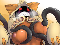 1girl animal_ears beecon_(bee_niji) blazblue blonde_hair blush braid breasts cat_ears cat_girl cat_tail commentary_request dark-skinned_female dark_skin hood hood_up hoodie large_breasts long_hair nipples red_eyes sharp_teeth slime_(substance) solo tail taokaka teeth tentacles twin_braids upper_body yellow_background yellow_hoodie