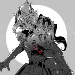 1boy 1girl abuse akaba_rei artist_request bad_id bad_pixiv_id belt belt_pouch black_belt body_horror bracelet cargo_pants closed_eyes clothes_lift collared_dress dress elbow_gloves facing_to_the_side gloves grey_background grin hollow_body horrified hug hug_from_behind jacket jewelry leaning_on_person long_bangs looking_at_another looking_down monochrome open_clothes open_jacket open_mouth outstretched_arms pants partially_colored popped_collar pouch pulling_another&#039;s_clothes red-eye_effect ripping shirt shirt_lift smile spiked_hair turtleneck turtleneck_shirt twintails twitter_username yellow_eyes yu-gi-oh! yu-gi-oh!_arc-v zarc