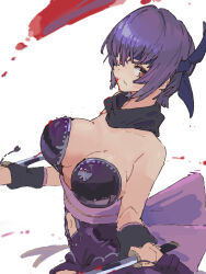 Rule 34 | 1girl, ayane (doa), bare shoulders, blood, breasts, cleavage, dead or alive, headband, highres, japanese clothes, large breasts, looking at viewer, navel, ninja gaiden, ooiwa (irc14786149), purple hair, red eyes, ribbon, short hair, solo