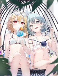 2girls alternate_costume bikini blonde_hair blue_eyes blue_hair blurry blurry_foreground blush breasts cherry commentary_request cup drinking drinking_glass drinking_straw eyewear_on_head flandre_scarlet food frilled_bikini_top fruit heart heart-shaped_eyewear heart_of_string highres hiwokawa holding holding_cup holding_removed_eyewear komeiji_koishi layered_bikini leaf light_blue_hair multiple_girls navel orange_(fruit) orange_slice red_eyes side-tie_bikini_bottom small_breasts swimsuit third_eye touhou twitter_username unworn_eyewear white_bikini