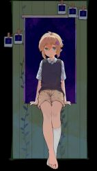 1boy basil_(faraway)_(omori) basil_(omori) blonde_hair blue_eyes brown_shorts closed_mouth clothes_pin flower green_sweater_vest hair_flower hair_ornament highres kneehighs looking_at_viewer omori photo_(object) psychokokuon revision shirt short_hair short_sleeves shorts single_sock socks solo sweater_vest white_shirt white_socks