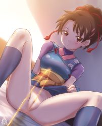 Rule 34 | 1girl, a-plug, anus, bed, bedwetting, brown eyes, brown hair, peeing, cleft of venus, highres, japanese clothes, lifting own clothes, looking at viewer, nanase (arika), no panties, peeing, peeing self, presenting, purposeful wetting, pussy, sitting, solo, street fighter, street fighter ex (series), uncensored