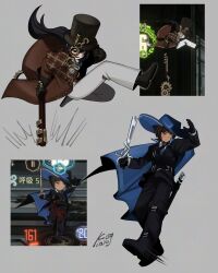11230kingyo 1boy 1girl absurdres bandana baseball_bat black_gloves black_hair black_hat black_jacket black_pants black_shoes blue_cape blue_hat blue_necktie brown_capelet brown_coat brown_eyes brown_hair cape capelet cavalier_hat cinq_association_south_uniform coat collared_shirt dark-skinned_female dark_skin full_body gears gloves grey_background hat hat_feather heterochromia highres hong_lu_(project_moon) jacket limbus_company long_hair long_sleeves looking_at_viewer monocle necktie outis_(project_moon) pants ponytail project_moon rapier screenshot_inset shirt shoes short_hair simple_background standing steampunk sword top_hat weapon white_bandana white_pants white_shirt yurodiviye_(identity)_(project_moon)