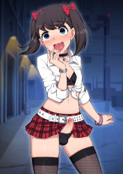 1boy belt black_bra black_hair black_panties blue_eyes bra censored choker fishnet_thighhighs fishnets front-tie_shirt front-tie_top highres mosaic_censoring naughty_face panties penis plaid_clothes plaid_skirt skirt tagme thighhighs trap twintails underwear wataya white_belt