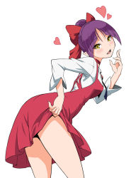 Rule 34 | 1girl, ass, blunt bangs, blush, breasts, choker, clothes lift, dress, dress lift, female focus, gegege no kitarou, haganemaru kennosuke, hair bun, heart, jewelry, lifting own clothes, long sleeves, looking at viewer, looking back, medium breasts, nekomusume, nekomusume (gegege no kitarou 6), open mouth, parted bangs, pendant, pointy ears, purple hair, red dress, ribbon, shirt, short hair, simple background, single hair bun, solo, white background, white shirt, yellow eyes