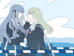 2girls bag bang_dream! bang_dream!_it&#039;s_mygo!!!!! black_ribbon black_shirt blue_hair blue_sky commentary eye_contact green_hair grey_neckerchief hair_ornament hair_ribbon hairclip hand_on_another&#039;s_face hashtag-only_commentary highres long_hair long_sleeves looking_at_another mdjhn multiple_girls neckerchief outdoors ribbon sailor_collar school_bag school_uniform shirt shoujo_rei_(vocaloid) sky togawa_sakiko tsukinomori_school_uniform two_side_up wakaba_mutsumi white_sailor_collar yellow_eyes yuri