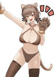 1girl :d alternate_costume animal_ears animal_hands arm_up armpits bare_arms bare_shoulders bell bikini blush braid breasts brown_bikini brown_eyes brown_gloves brown_hair brown_tail brown_thighhighs cat_ears cat_girl cat_tail cleavage commentary_request cowboy_shot crown_braid doidamon double_bun drawn_whiskers furen_e_lustario gloves groin hair_bun hand_up highres jingle_bell kemonomimi_mode large_breasts looking_at_viewer navel nijisanji notice_lines open_mouth paw_gloves simple_background skindentation smile solo stomach swimsuit tail teeth thighhighs upper_teeth_only virtual_youtuber waving white_background