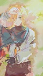 1boy :3 aqua_cape aqua_eyes bandaged_arm bandaged_wrist bandages belt belt_buckle black_belt black_gloves black_pants black_shirt blonde_hair buckle bush cape chinese_commentary closed_mouth commentary_request cowboy_shot dot_nose eyelashes gloves hair_over_one_eye hand_on_own_head highres jewelry lars_rorschach lars_rorschach_(eden) layered_shirt light_rays light_smile long_hair long_sleeves looking_at_viewer lovebrush_chronicles male_focus necklace o-ring o-ring_belt pants puffy_long_sleeves puffy_sleeves qianwa_shi_biao shadow shirt single_glove solo standing tassel torn_clothes torn_sleeves turtleneck turtleneck_shirt white_shirt