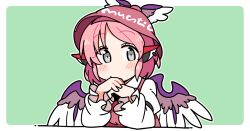 1girl animal_ears bird_ears bird_wings blush border brown_hat closed_mouth collared_shirt commentary_request earrings green_background grey_eyes hat head_rest ini_(inunabe00) jewelry long_sleeves looking_at_viewer mystia_lorelei outline outside_border pink_hair shirt short_hair simple_background single_earring solo touhou upper_body white_border white_outline white_shirt winged_hat wings