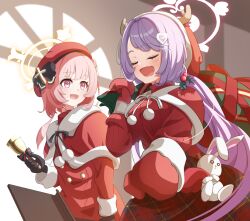 Rule 34 | 2girls, antlers, bag, bell, beret, black gloves, blue archive, closed eyes, commentary, dress, fake antlers, gloves, hair ornament, halo, hanae (blue archive), hanae (christmas) (blue archive), hat, heart, heart hair ornament, highres, holding, holding bag, holding bell, horns, multiple girls, official alternate costume, open mouth, pink eyes, pink hair, purple hair, red dress, red gloves, red hat, reindeer antlers, remedial knights (blue archive), santa costume, santa hat, serina (blue archive), serina (christmas) (blue archive), shijima (shijima tc)