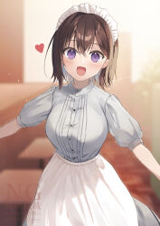 1girl amamine apron blush breasts brown_hair dress grey_dress headdress heart highres large_breasts looking_at_viewer maid maid_apron maid_headdress open_mouth original purple_eyes short_hair short_sleeves smile solo white_apron
