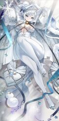 1girl akershus_fortress_(oshiro_project) areola_slip arms_up beret blue_cloak blue_eyes blue_hat blush bodysuit breasts cleavage cleavage_cutout cloak closed_mouth clothing_cutout commission full_body fur-trimmed_cloak fur_trim hat high_heels highres large_breasts looking_at_viewer oshiro_project:re skeb_commission smile snowman solo teddypocky white_bodysuit white_hair