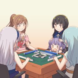 0_0 5girls :3 aqua_hair ayasaka bang_dream! black_hair blue_shirt blue_skirt blush brown_hair chair collared_shirt commentary_request fang grey_hair grey_shirt hairband half_updo hands_on_another&#039;s_head hikawa_sayo imai_lisa jewelry jitome long_hair mahjong minato_yukina multiple_girls neck_ribbon necklace off-shoulder_shirt off_shoulder pink_shirt playing_games purple_hair ribbon roselia_(bang_dream!) shirokane_rinko shirt short_sleeves sitting skin_fang skirt sleeveless sleeveless_shirt smile tan_background udagawa_ako white_neckwear |_|