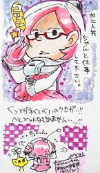 Rule 34 | 1girl, ?, akira (8877ice), backpack, bag, black eyes, brittany (pikmin), colored skin, commentary request, cowboy shot, cropped legs, eyelashes, flower, flying sweatdrops, from behind, frown, glasses, gloves, hand on own elbow, hands on own head, helmet, looking at another, looking at viewer, miniskirt, motion lines, multiple views, nintendo, no mouth, outline, parted lips, pikmin (creature), pikmin (series), pikmin 3, pink bag, pink gloves, pink hair, pink skirt, pointy ears, purple outline, radio antenna, red-framed eyewear, shaded face, short hair, skirt, space helmet, spacesuit, star (symbol), traditional media, translation request, whistle, white flower, yellow pikmin, yellow skin