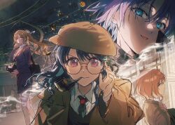 Rule 34 | 4girls, aqua eyes, asakura toru, bag, beret, black hair, brown coat, brown eyes, brown hair, brown hat, camera, coat, commentary, detective, fang, fukumaru koito, glasses, hat, highres, higuchi madoka, ichikawa hinana, idolmaster, idolmaster shiny colors, looking at viewer, loose necktie, multiple girls, multiple views, necktie, noctchill (idolmaster), pipe in mouth, purple eyes, purple hair, qinglai haiji, round eyewear, shoulder bag, skin fang, smoking pipe, symbol-only commentary