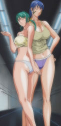 00s 2girls anime_screenshot blue_hair breasts cleavage crop_top discipline:_the_record_of_a_crusade full_body green_hair highres huge_breasts miyagishi_yuuki multiple_girls navel nonomura_ruri panties stitched third-party_edit underwear