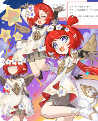 3girls :d angel_wings arms_up asymmetrical_footwear balloon black_gloves blue_eyes blunt_bangs blush braid closed_eyes cloud cloudy_sky collar covered_eyes cross-shaped_pupils dot_nose dress flower gloves hair_flower hair_ornament happy highres honkai:_star_rail honkai_(series) jumping looking_at_viewer marshmallow_(site) mismatched_footwear multiple_girls open_mouth pointy_ears red_hair ro/ku short_hair single_braid single_sidelock sky smile star_(sky) star_(symbol) star_balloon sunset swept_bangs symbol-shaped_pupils translation_request trianne_(honkai:_star_rail) tribbie_(honkai:_star_rail) trinnon_(honkai:_star_rail) triplets white_dress white_flower winged_boots wings