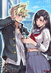 1boy 1girl absurdres bandaid bandaid_on_cheek bandaid_on_face black_hair black_jacket black_pants blonde_hair blue_eyes blue_sailor_collar blue_scrunchie blue_skirt blue_sky blurry blurry_background blush closed_mouth cloud_strife cloud_strife_(midgard_seventh_high_school) collarbone collared_shirt commentary_request cookie cowboy_shot crop_top cropped_shirt earrings final_fantasy final_fantasy_vii final_fantasy_vii_ever_crisis food gakuran hair_behind_ear hair_ornament hair_scrunchie hairclip hand_on_own_head highres holding holding_food jacket jewelry kanaex001 long_hair long_sleeves looking_at_another low-tied_long_hair midriff midriff_peek navel neckerchief official_alternate_costume open_clothes open_jacket open_mouth outdoors pants pleated_skirt red_eyes red_neckerchief ribbon sailor_collar school school_uniform scrunchie serafuku shirt short_hair skirt sky spiked_hair tifa_lockhart tifa_lockhart_(midgard_seventh_high_school) very_long_hair white_shirt
