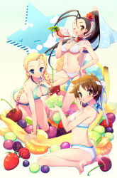 Rule 34 | 3girls, ahoge, aki lee, antenna hair, barefoot, bikini, black hair, blonde hair, blue eyes, braid, breasts, brown eyes, brown hair, cammy white, capcom, cherry, cleavage, eating, flower, food, fruit, hair flower, hair ornament, headband, high ponytail, highres, huge ahoge, ibuki (street fighter), kasugano sakura, kiwi (fruit), kiwi slice, long hair, medium breasts, mini person, minigirl, multiple girls, o-ring, o-ring bikini, one eye closed, oversized object, polka dot, polka dot background, polka dot bikini, ponytail, scar, short hair, side-tie bikini bottom, sitting, smile, soles, strawberry, street fighter, swimsuit, toes, twin braids, udon entertainment, underboob, very long hair, wariza