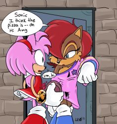 2girls amy_rose blue_eyes bracelet dc_comics english_text gloves green_eyes jewelry leso multiple_girls nightwing_(dc) open_mouth parody pink_hair red_hair sally_acorn sonic_(series) sonic_the_hedgehog_(archie_comics) white_gloves