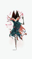 Rule 34 | 1boy, arm up, artist name, black cloak, cloak, commentary, fire, full body, grimm (hollow knight), halftone, hashtag-only commentary, highres, hightguy, hollow knight, horns, index finger raised, looking at viewer, pyrokinesis, red eyes, red fire, simple background, solo, white background