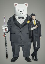 2boys absurdres bear bepo_(one_piece) black_footwear black_hair black_jacket black_pants buttons closed_mouth earrings facial_hair finger_tattoo formal_clothes full_body goatee grey_background hand_tattoo highres holding holding_sword holding_weapon jacket jacket_on_shoulders jewelry ksuke_(k-taro31) light_smile long_sleeves looking_at_viewer male_focus multiple_boys necktie one_piece pants polar_bear shoes short_hair suit sword tattoo trafalgar_law vest weapon yellow_eyes yellow_necktie