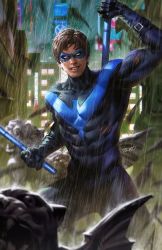 1boy batman_(series) baton_(weapon) black_bodysuit black_hair blue_bodysuit bodysuit building club_(weapon) comic_cover commentary cover_image dc_comics dcwj dick_grayson domino_mask english_commentary escrima_stick facing_viewer highres holding holding_weapon less-than-lethal_weapon looking_at_viewer male_focus mask muscular muscular_male night nightwing official_art rain realistic scar scar_on_face short_hair skyscraper solo superhero_costume teeth torn_clothes two-tone_bodysuit weapon