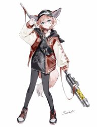 1girl animal_ears arknights arm_up black_choker black_hat black_hoodie black_pantyhose blue_eyes braid brown_jacket buttons choker closed_mouth clothes_writing collarbone commentary_request cross crossed_bangs ears_through_headwear full_body greek_cross grey_tail hair_between_eyes hat highres holding hood hood_down hoodie jacket long_sleeves material_growth official_alternate_costume open_clothes open_jacket oripathy_lesion_(arknights) pantyhose peaked_cap pink_hair pink_tail short_hair simple_background smile solo standing sussurro_(arknights) sussurro_(travel_freely)_(arknights) sutoa tail waving white_background white_sleeves