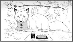 Rule 34 | alcohol, animal, animal ear fluff, animal focus, batta (kanzume quality), bib, border, bush, claws, commentary request, facing viewer, food, fox, greyscale, inarizushi, kitsune, kitsune no oyome-chan, looking at viewer, lying, monochrome, on ground, on stomach, outdoors, paid reward available, sake, scar, scar on face, scar on forehead, sound effects, sushi, whiskers