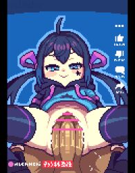 1girl animated animated_gif bar_censor blue_background blue_eyes blue_hair blue_hoodie blue_thighhighs censored closed_mouth commission fake_phone_screenshot fake_screenshot hair_ribbon hood hood_down hoodie indie_virtual_youtuber loli mugen_mochi no_panties osimder penis pink_ribbon pixel_art pussy pussy_juice ribbon sex skeb_commission solo star_sticker testicles thighhighs twintails vaginal virtual_youtuber