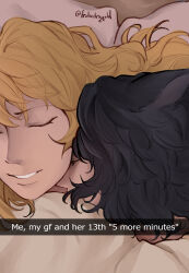 2girls absurdres black_hair blake_belladonna blonde_hair closed_eyes commentary cuddling english_commentary english_text frolicdragold highres long_hair multiple_girls on_bed parted_lips rwby sleeping smile snapchat twitter_username under_covers yang_xiao_long yuri