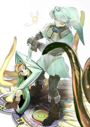 2boys alternate_weapon blonde_hair dark_persona double_helix facial_tattoo fairy fierce_deity gauntlets highres holding holding_sword holding_weapon link multiple_boys nintendo possessed sword tattoo the_legend_of_zelda the_legend_of_zelda:_majora&#039;s_mask togenasi_furiko triangle weapon white_hair young_link