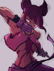 Rule 34 | 1girl, black hair, blue eyes, breasts, cone hair bun, double bun, fingerless gloves, gloves, grey background, hair bun, han juri, heterochromia, kemachiku, looking at viewer, medium breasts, navel, pink gloves, red eyes, short hair, simple background, street fighter, street fighter 6, underboob