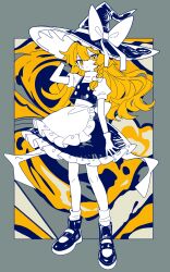 Rule 34 | 1girl, absurdres, apron, black shoes, black skirt, black vest, blonde hair, blush, braid, closed mouth, expressionless, frills, full body, gloves, grey background, hair ribbon, hat, highres, kirisame marisa, long hair, looking at viewer, ribbon, rotoi 1234, shirt, shoes, short sleeves, skirt, socks, solo, touhou, vest, white gloves, white shirt, white socks, witch hat, yellow eyes