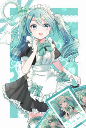 1girl alternate_costume alternate_hairstyle apron aqua_bow aqua_eyes aqua_hair blush bow breasts closed_eyes closed_mouth clothes_lift commentary dress dress_lift earrings frilled_apron frilled_dress frilled_thigh_strap frills hair_between_eyes hair_ornament hatsune_miku highres index_finger_raised jewelry long_hair maid maid_apron medium_breasts one_eye_closed open_mouth photo_(object) puffy_short_sleeves puffy_sleeves short_sleeves siquartz22 solo thigh_strap thighhighs twintails vocaloid white_apron white_thighhighs
