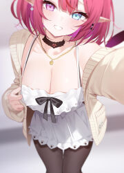 1girl :d asymmetrical_wings black_choker black_pantyhose blue_eyes blurry blurry_background breasts brown_cardigan cable_knit cardigan choker cleavage close-up deyui dress earrings empire_waist flower_earrings frilled_dress frills gold_necklace grin guyrys heterochromia highres hololive hololive_english horns irys_(casualrys)_(hololive) irys_(hololive) jewelry lace lace-trimmed_choker lace-trimmed_dress lace_trim large_breasts looking_at_viewer mismatched_earrings mismatched_wings necklace official_alternate_costume official_alternate_hairstyle open_cardigan open_clothes open_mouth outstretched_arm pantyhose pointy_ears purple_eyes purple_hair reaching reaching_towards_viewer short_dress short_hair sleeveless sleeveless_dress smile solo spaghetti_strap virtual_youtuber white_dress wings