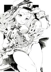 1girl bc_freedom_(emblem) bc_freedom_military_uniform blush boots bow breasts buttons closed_mouth double-breasted dress drill_hair emblem food food_on_face frilled_sleeves frills girls_und_panzer greyscale hand_on_headwear hashtag-only_commentary hat hat_ribbon highres jacket knee_boots long_hair long_sleeves looking_at_viewer marie_(girls_und_panzer) medium_breasts military_hat miniskirt monochrome pleated_skirt ribbon sawamin simple_background sketch skirt solo thighs wavy_hair white_background