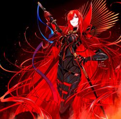 armor black_bodysuit bodysuit breasts cape collared_cape crest embers family_crest fate/grand_order fate_(series) hair_over_one_eye highres holding holding_sword holding_weapon large_breasts long_hair oda_nobunaga_(fate) oda_nobunaga_(maou_avenger)_(fate) red_cape red_eyes red_hair sheath sword unsheathing very_long_hair weapon wide_hips yui_(tamagohan)