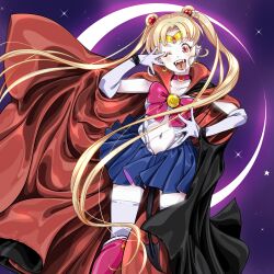 1girl adapted_costume bishoujo_senshi_sailor_moon blonde_hair blue_sailor_collar boots bow bowtie cape choker crescent demon_tail double_bun earrings elbow_gloves forked_tongue gloves hair_bun hair_ornament heart highres jewelry long_hair midriff navel parted_bangs red_boots red_bow red_bowtie red_choker red_eyes sailor_collar sailor_moon sailor_senshi_uniform shirt skirt smile solo tail tongue twintails vampire white_gloves white_shirt yozora