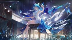 0jae 1girl absurdres armlet aurora bare_legs blue_butterfly blue_hair blue_veil breasts bug butterfly butterfly_on_hand commentary dress english_commentary from_side grand_piano hand_up heel-less_heels high_heel_sandals highres insect instrument jewelry large_breasts legs long_hair looking_at_viewer on_bench outdoors piano piano_bench purple_eyes sandals shorekeeper_(wuthering_waves) sitting sleeveless sleeveless_dress solo veil white_dress wide_shot wuthering_waves